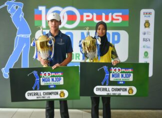 ANDREW YAP, AMIRAH NUR HANANIA JUARA PUSINGAN 1 GOLF REMAJA 100PLUS-MGA